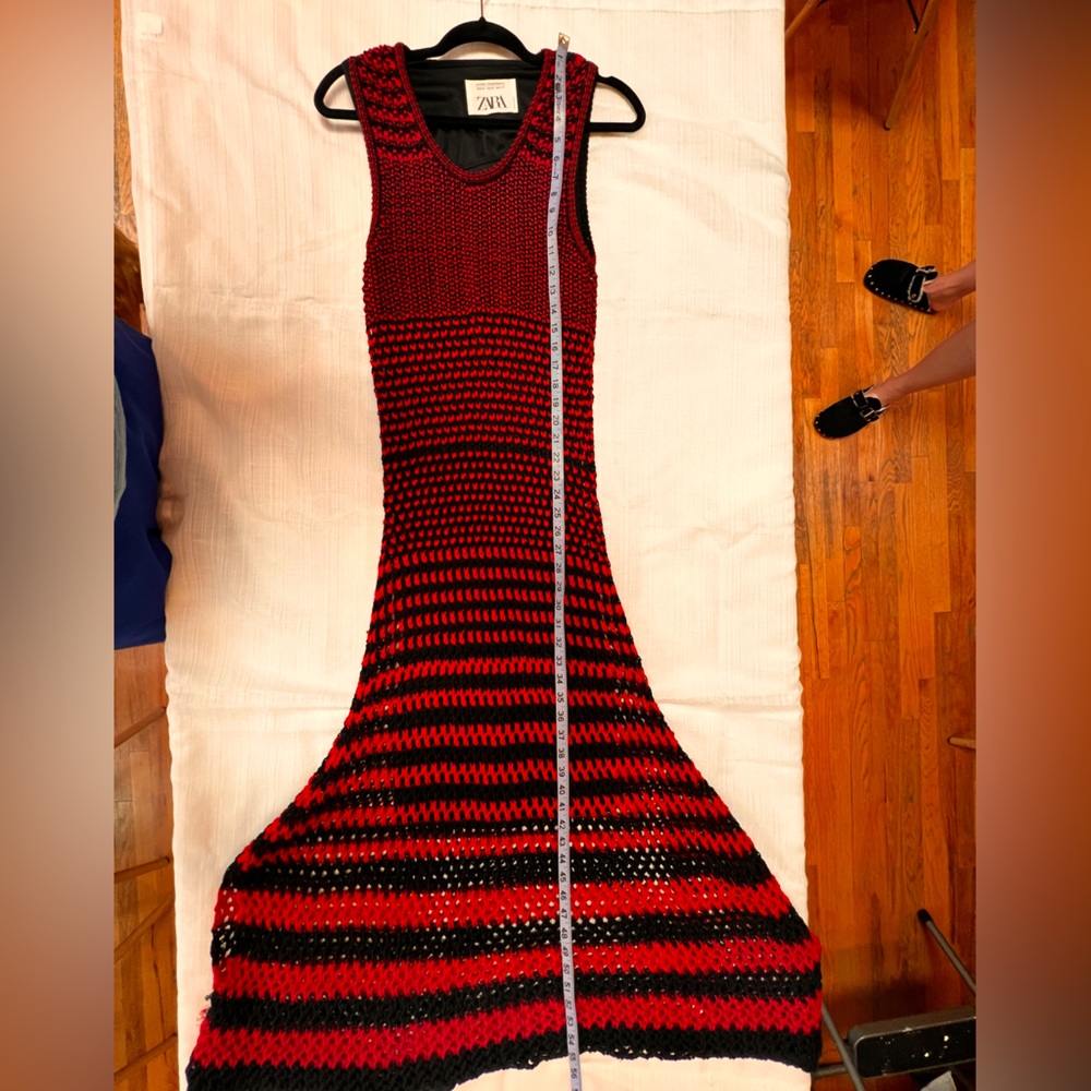 Black and red, striped, knot, flared bottom, dress.